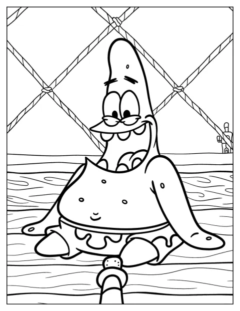 Allongé sur le sol, Patrick Étoile de mer affiche un large sourire.