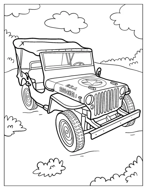 Une Jeep militaire des années 1940 est représentée de profil.
