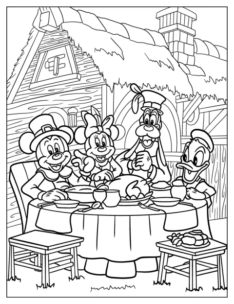 Donald Duck, Goofy, Mickey Mouse und Minnie Mouse essen draußen gemeinsam zu Abend.