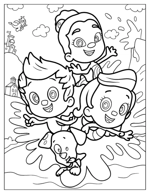 Gil, Zooli, Molly en Bubble Puppy maken samen een grote plons.