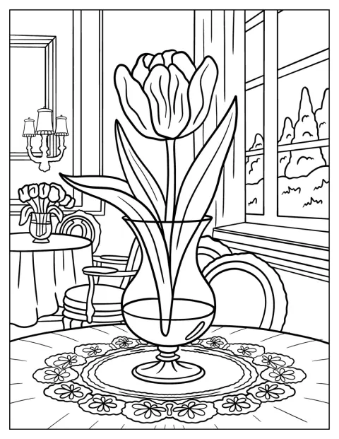 En tulipan står i en vase på en blondeklædt dug med stole ved vinduet.