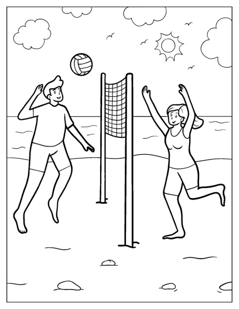 Un hombre y una mujer juegan al voleibol en la playa.