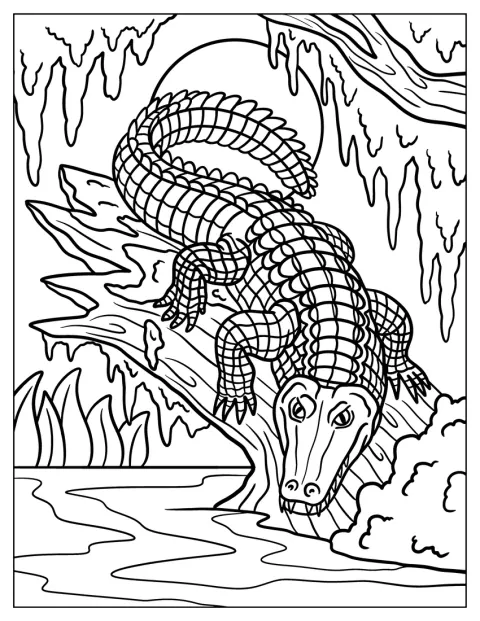 Crocodile Coloring Page Climbing Down a Tree to the River