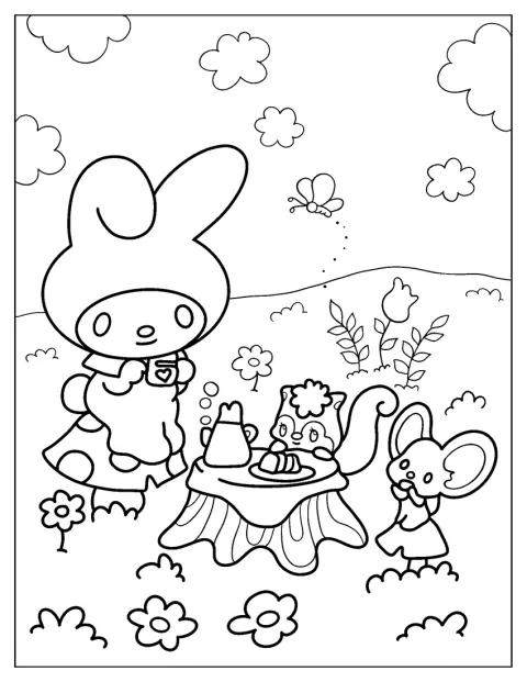 La o masă de ceai, My Melody stă alături de Flat și Risu.