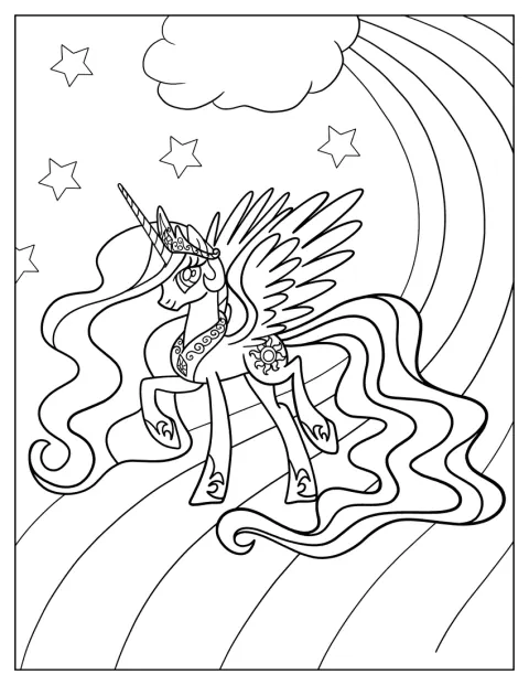 La princesa Celestia se encuentra sobre un arcoíris.