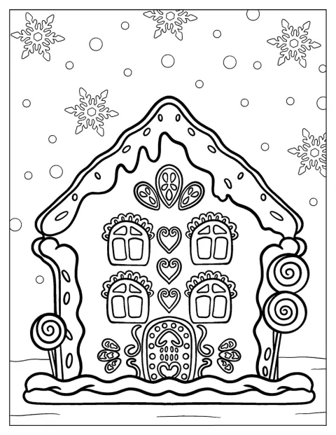 Los copos de nieve rodean una casa hecha de jengibre.
