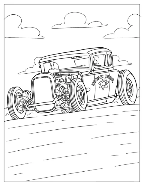 A California Highway Patrol feliratú hot rod áll az úton.