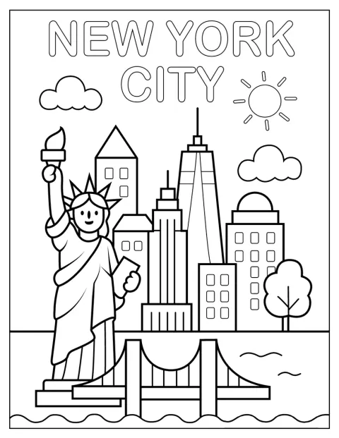Den glade Frihetsgudinnen står foran bygningene i New York City.