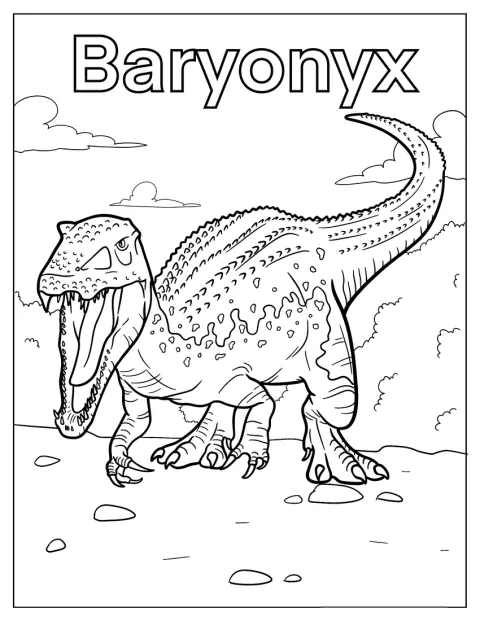 Een Baryonyx brult met zijn bek wijd open.