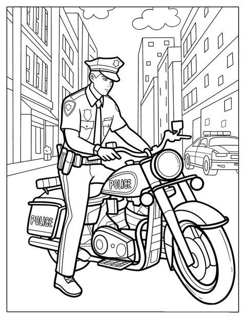 En polis på motorcykel kör genom stadens gator.