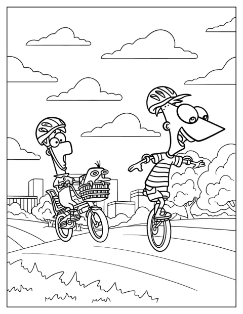 Phineas avanza en monociclo mientras Ferb y Perry pedalean juntos en una bicicleta.