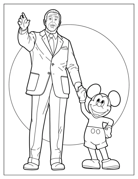 Walt Disney seisoo Mikki Hiiren patsaan rinnalla.