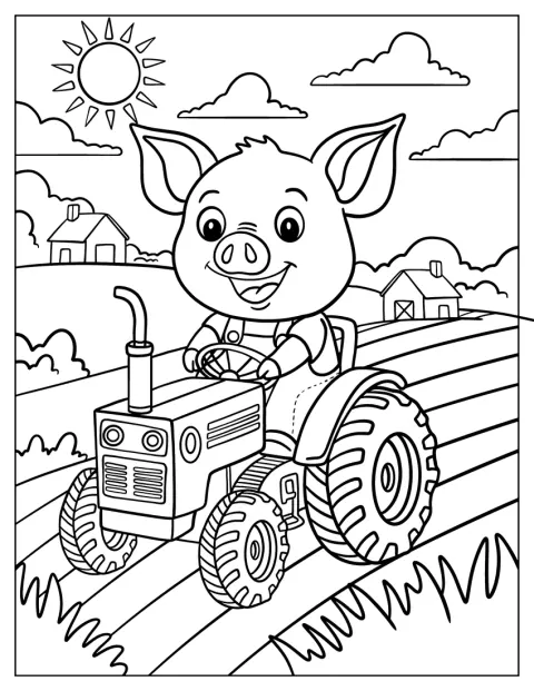 Prase v klobouku řídí traktor na farmě.