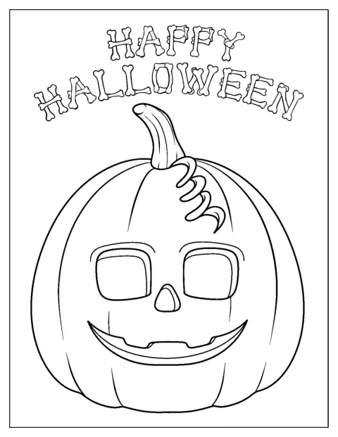 かぼちゃのそばに、骨で描かれたハッピーハロウィンの文字があります。