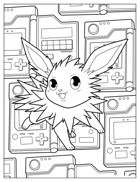 Un Jolteon bebeluș stă în fața unei console de jocuri.
