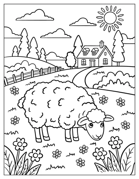 Lammas laiduntaa kukkien keskellä maalaistalon lähettyvillä.