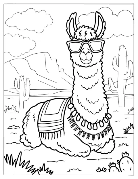 Ein Lama mit Sonnenbrille steht in einer kargen Wüstenlandschaft.