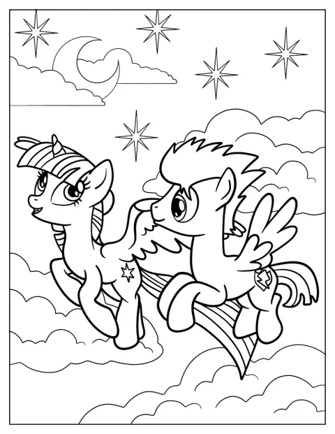 Samen vliegen Flash Sentry en Twilight Sparkle door de lucht.