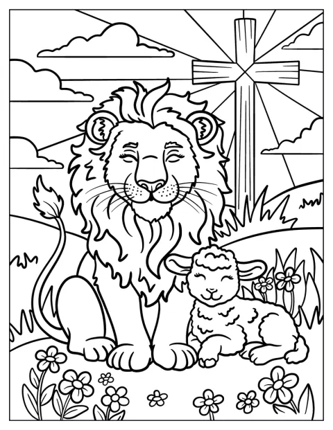 Un león se sienta junto a un cordero en una escena de Pascua.