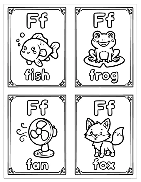 Quatre cartes présentent la lettre F avec un poisson, une grenouille, un éventail et un renard.