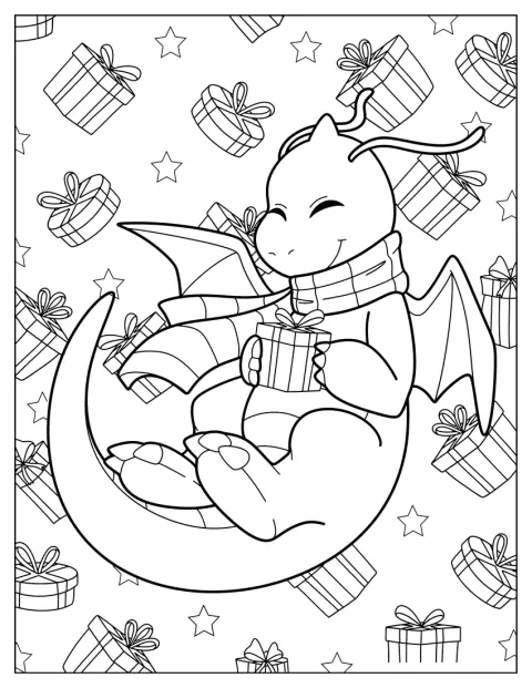 Dracolosse tient un cadeau pendant les fêtes de Noël.