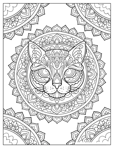 Um gato está rodeado por padrões ornamentados numa mandala detalhada.