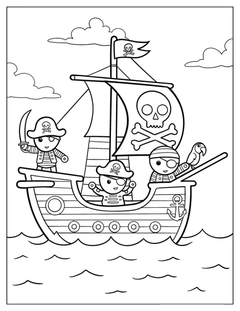 Pirați desenați în stil chibi călătoresc pe o corabie alături de un papagal.