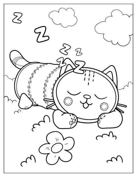Pillow Cat ligger hoprullad och sover.