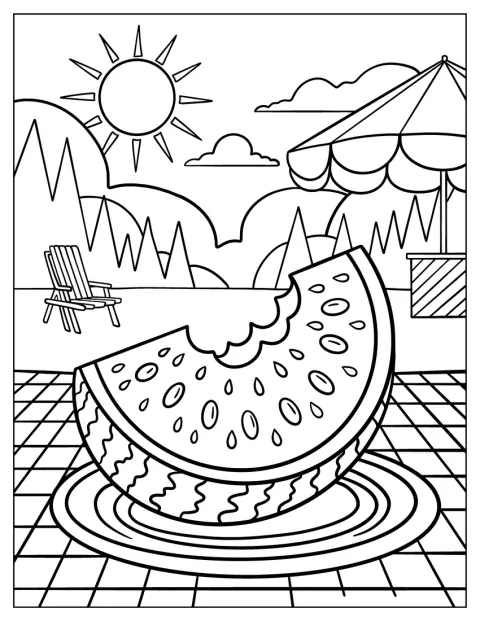 En bidt vandmelonskive ligger på terrassen under sommersolen.