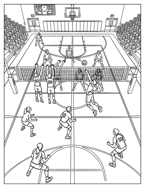 Due squadre si affrontano in una partita di pallavolo allo stadio.