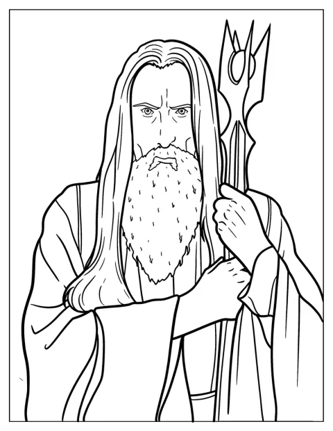 Saruman, el mago de barba larga, aparece con túnica y bastón.