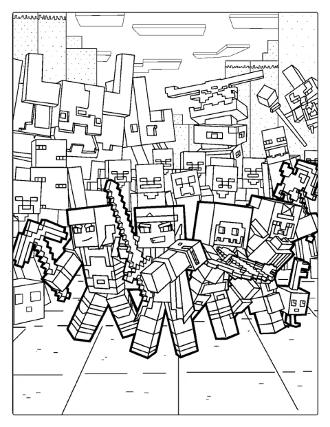 マインクラフト ダンジョンズのキャラクターや装備が、細かく描かれています。