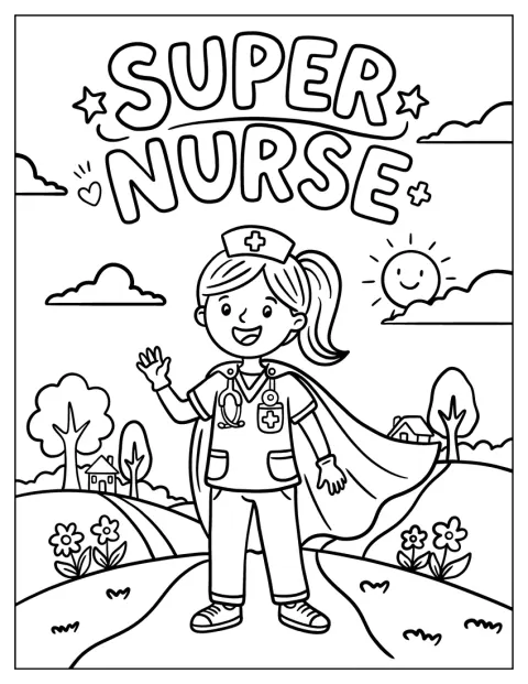 Mit einem Umhang steht eine Superkrankenschwester im Park.