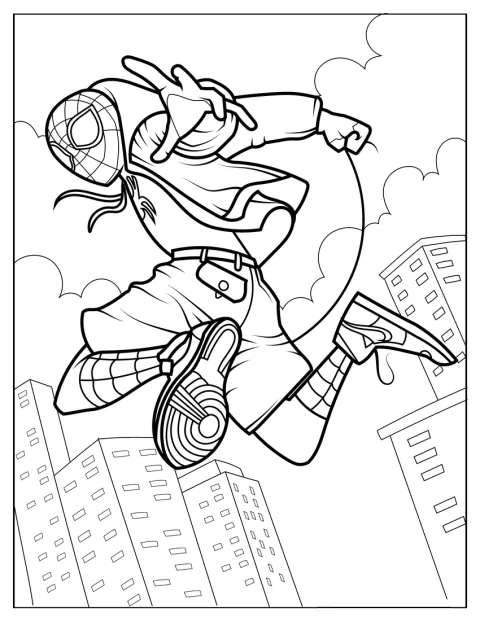 Miles Morales Spider-Manként pózol a Pókverzumban.