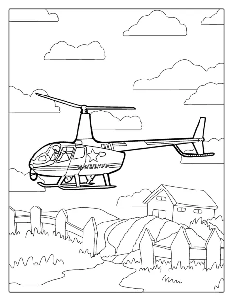 En sherifhelikopter flyver hen over et hus.