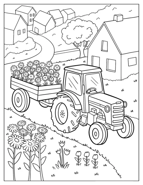 Tractor Coloring Page Carrying Flowers Through a Village Path