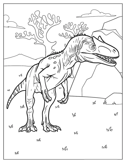 Un Allosaurus joven se esconde detrás de una roca.