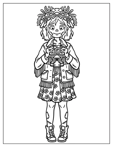 Une fille hippie zombie tient un appareil photo.