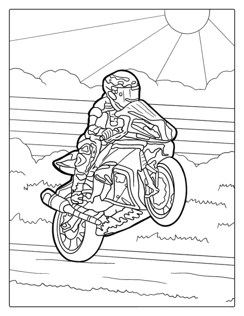 Een motorrijder trekt het voorwiel van zijn motor van de grond.