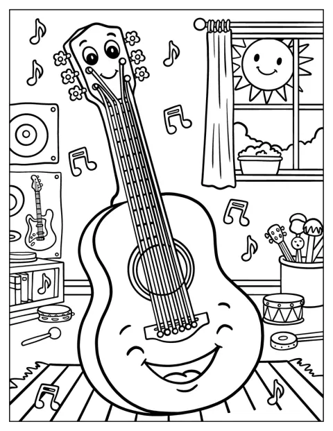 En smilende akustisk guitar står i et musiklokale.