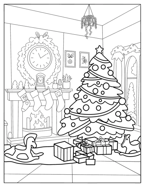 Uma árvore de Natal, presentes e uma lareira decoram a sala de estar.