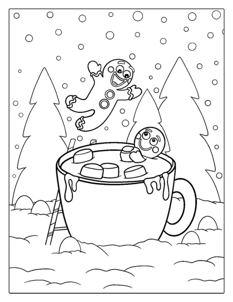 Piernikowe ludziki siedzą w kubkach z gorącą czekoladą.