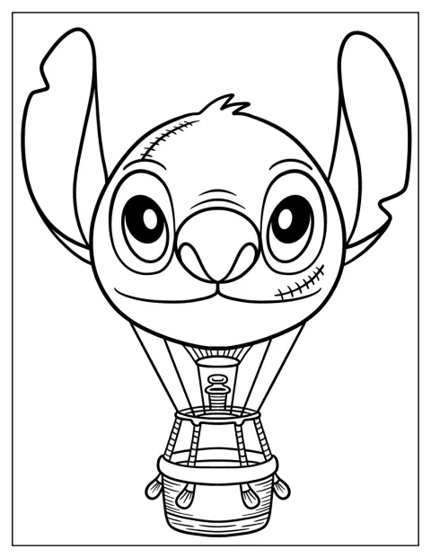 Stitch vaart mee in een heteluchtballon.