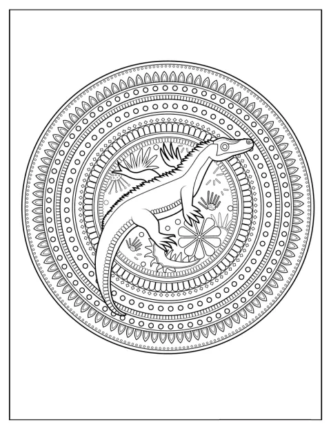 Un dragón de Komodo aparece rodeado de formas y motivos de mandala.