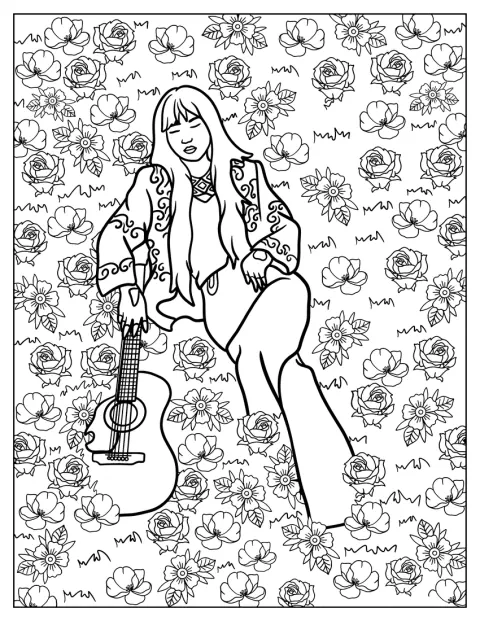 En kvinna ligger på en blomsteräng och håller sin gitarr.