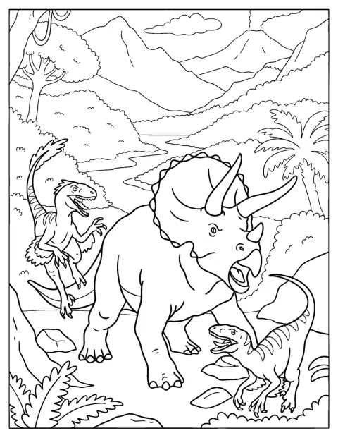 Triceratops stojí proti dvěma Velociraptorům v pravěkém údolí.