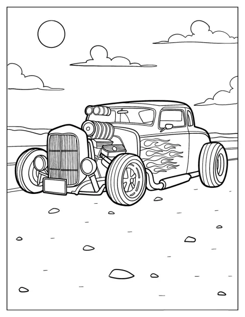 Upravený Ford Coupe z 30. let stojí v pouštní krajině.