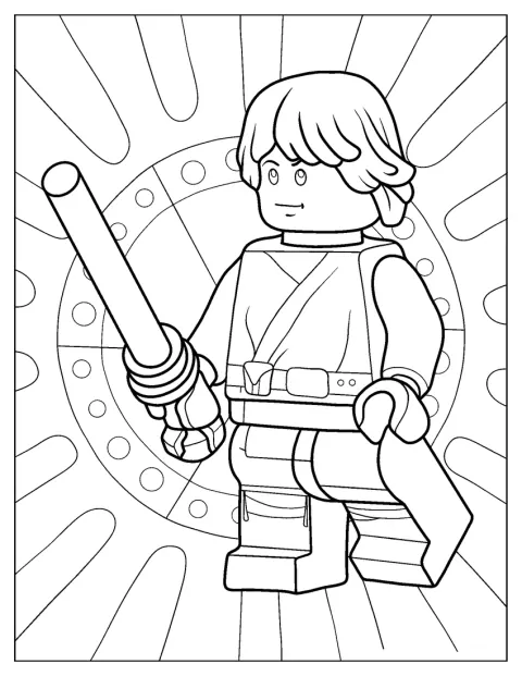 Luke Skywalker stoi w stroju z klocków Lego.