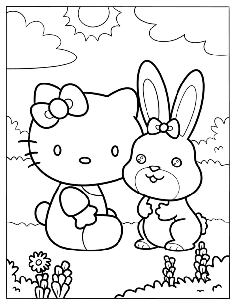 Hello Kitty sidder i græsset ved siden af en kanin.