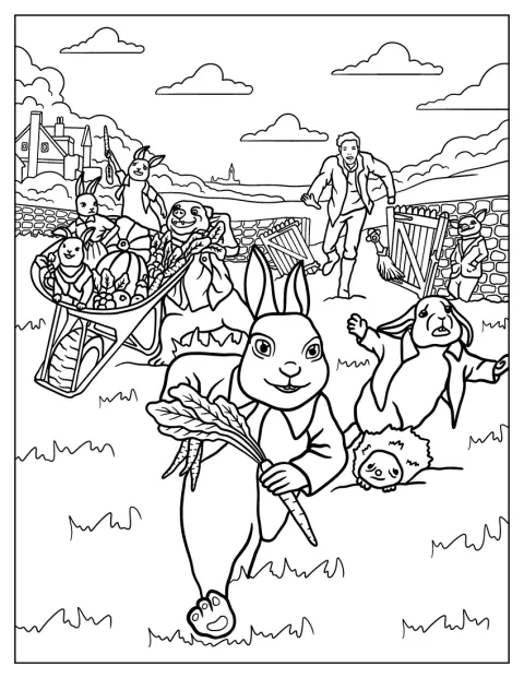 Thomas McGregor persigue a Peter Rabbit, Flops, Mopsy, Cotton Tail y sus amigos.